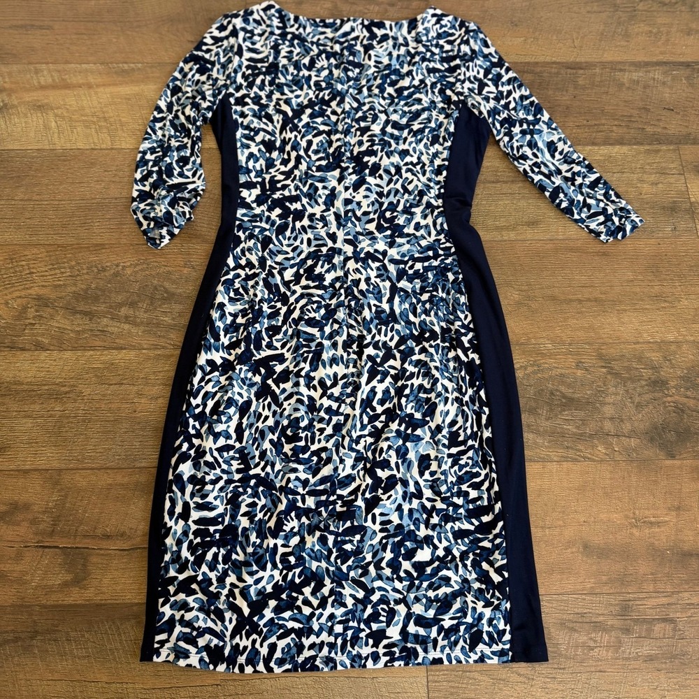 Lauren Ralph Lauren Blue White Abstract Print Ruched Sheath Dress Size 10